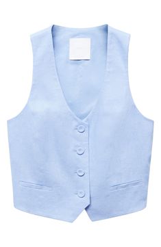 Love to layer in this front-button vest crafted from lightweight linen with front welt pockets. Front button closure V-neck Front welt pockets Cotton lining 100% linen Machine wash, line dry Imported Suit Vest Women, Linen Suits Women, Light Blue Vest, Linen Waistcoat, Blue Vest, Linen Suit, Mint Velvet, Cashmere Coat