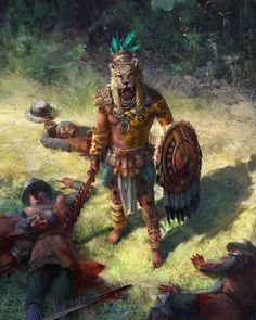 an image of a man dressed as a warrior with other people in the grass and trees