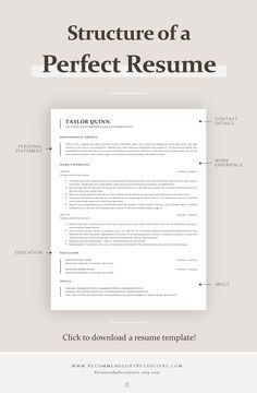 a resume template with the words structure of a perfect resume on it, and an image of