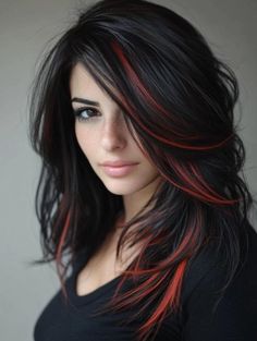 Gorgeous Ideas for Black Hair with Highlights: Elevate Your Style Dark Hair Color Ideas Peekaboo, Black Hair Colored Highlights, Christmas Hair Color Ideas For Brunettes, Black Hair Burgundy Highlights, Brown And Red Hair Peekaboo, Black And Maroon Hair, Burgundy Highlights On Dark Hair, Red Highlights On Dark Hair, Ideas For Black Hair