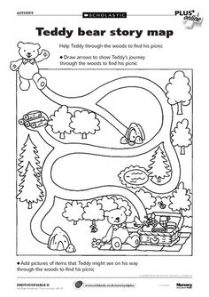 the teddy bear story map is shown in black and white, with an image of a bear