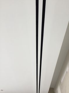 two black cords are hanging from the ceiling