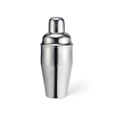 a stainless steel cocktail shaker on a white background