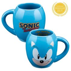 two sonic the hedgehog coffee mugs with their faces painted on them, one is blue