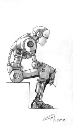 a drawing of a robot holding something in his hand