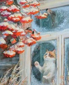 a painting of a cat looking out the window