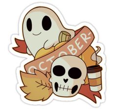 a sticker with a skeleton holding a banner and a coffee cup in front of it