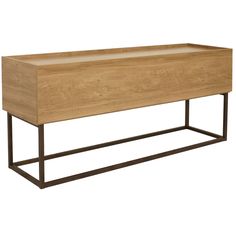 a wooden shelf with metal legs and a drawer on the bottom that is open to reveal something