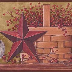 a painting of a dog and a star on a mantle with berries in the background