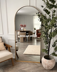 a mirror sitting on top of a wooden floor next to a potted plant in a living room