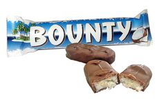 a chocolate candy bar with two pieces cut out to show the word'bounty '