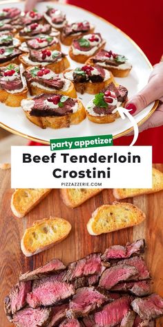 the beef tenderion crostini is served on toasted bread