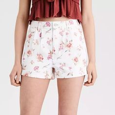 New American Eagle Mom Shorts White Floral Size 2 American Eagle Denim Jean Mom Shorts, High Waisted With Front Pleats. White With A Soft Pink, Purple And Green Floral Pattern. Rigid 100% Cotton With No Stretch. Rolled Cuffs. Waist: 13 Inches Rise: 11 Inches In Seam: 3 Inches Length: 12.5 Inches Floral Denim Shorts, Shorts American Eagle, Mom Jeans Shorts, High Rise Denim Shorts, Floral Denim, American Eagle Shorts, Mom Shorts, Printed Denim, High Rise Denim