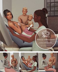 an animated image of a woman holding a baby in her lap while three other people look on