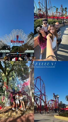 three pictures of people in front of roller coasters at an amusement park