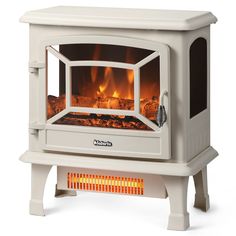 an electric stove with the door open and fire burning in it's side burner