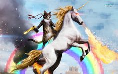 a cat riding on the back of a white horse in front of a rainbow colored sky