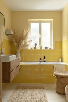 a bathroom with yellow walls and tile flooring next to a bathtub, sink, and window