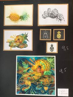 a black board with drawings and pictures on it's sides, including pineapples