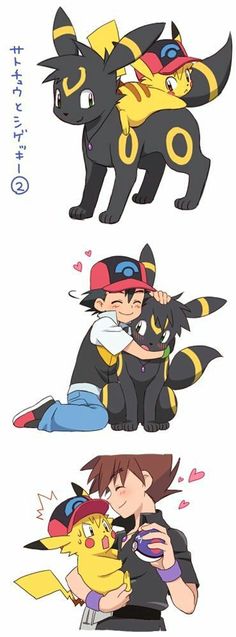 some pokemon characters are hugging each other in different positions and colors, with the caption's name below them