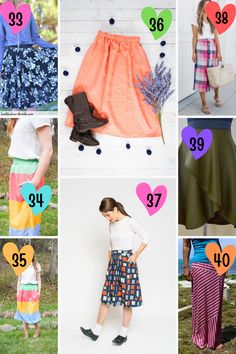 many different types of skirts are shown in this collage with hearts and numbers on them