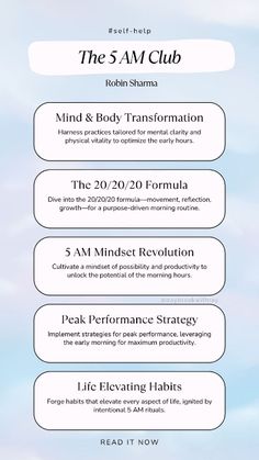 Elevate your life with "The 5 AM Club" by Robin Sharma. 🌅 Learn the art of early mornings, cultivate rituals for success, and unleash your full potential. Elevate productivity, build lasting habits, and transform your mindset for a purposeful and fulfilling life. Join the club of early risers and embark on a journey of self-discovery and growth! 💡 #5AMClub #RobinSharma #SelfHelp #Productivity #Habits #Mindfulness #Success Disclosure: This board contains affiliate links 4am Club, Productivity Habits