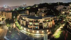 an aerial view of the city at night