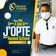 a young boy wearing a face mask and standing in front of a sign that says jopte for reveal school college