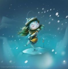 a painting of a girl on top of a snow covered hill with her hair blowing in the wind