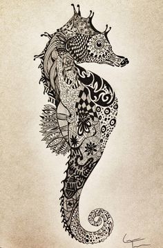 a drawing of a sea horse with intricate designs on it's back legs and tail