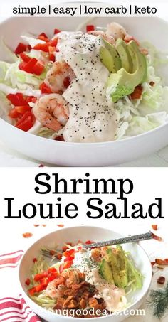 shrimp, lettuce and tomato salad with ranch dressing in a white bowl on top