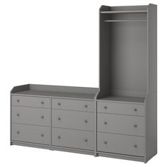 a gray dresser with two open shelves and drawers next to each other on an isolated white background