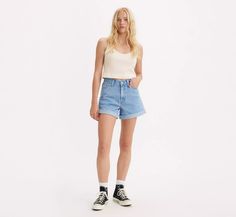 Rolled 80s Mom Women's Shorts - Medium Wash | Levi's® US 90s Mom Shorts Outfit, Levi Mom Shorts, 90s Inspired Mid-rise Bottoms With Relaxed Fit, 90s Inspired Mid-rise Relaxed Fit Bottoms, 90s Inspired Relaxed Fit Mid-rise Bottoms, Retro High Rise Summer Shorts, Summer High Waist Retro Bottoms, High-waist Retro Bottoms For Summer, 90s Style Levi's Bottoms For Spring