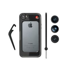 an iphone is shown with three different cameras and two accessories to take it for the trip