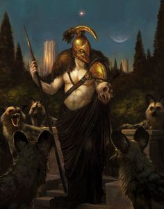 a painting of a man holding a spear surrounded by other dogs and bears in the background