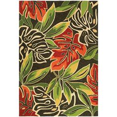 an area rug with colorful flowers and leaves on black background, including red, orange, green