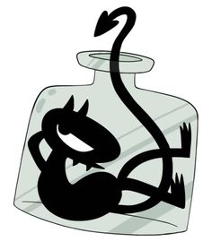 a black and white drawing of a cat in a glass bottle with an upside down tail