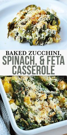 baked zucchini spinach and feta casserole in a white dish