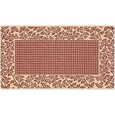 a red and white rug with leaves on the border, in front of a white background