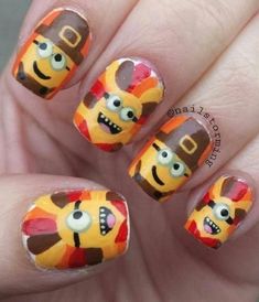 Minion Nail Art, November Nail Art, November Nail Designs, Turkey Nails, Minion Nails, Fall Thanksgiving Nails, Thanksgiving Nail Designs, Thanksgiving Nail Art, Thanksgiving Nail