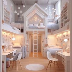 a room with bunk beds and desks in it