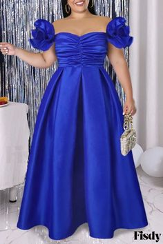 Fisdy - Elegante vestido de noche con hombros descubiertos y estampado sólido azul marino - Tallas grandes Pretty Dresses For Women, African Wear For Women, Evening Dress Plus Size, Off The Shoulder Evening Dress, Plus Size Off The Shoulder, Off Shoulder Evening Dress, Plus Size Gowns, Blue Dress Formal, Plus Size Party Dresses