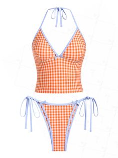 Seamolly Contrast Binding Gingham Bowknot Decor Tie Side Tankini Set Orange Swimsuit Outfit, Closet Revamp, Small Breakfast, Bright Swimsuit, Pretty Swimsuits, Pink Swan, Period Undies, Floral Swimwear, Neon Bikinis