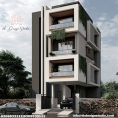 an apartment building with balconies and plants growing on the balconys is shown