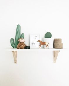 there is a stuffed animal on the shelf next to some cactus and other things in front of it