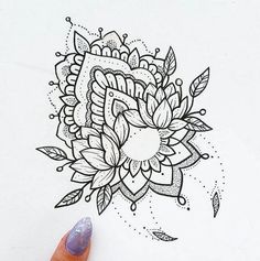 a drawing of a flower with leaves and dots on the bottom half of its petals