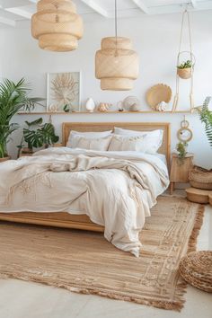 a large bed sitting on top of a wooden floor next to potted plants and wicker baskets