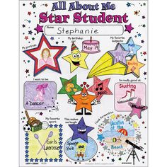 an all about me star student book with pictures and words on the front, including stars