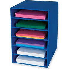 a blue shelf with five different colored folders on it's sides and one is empty