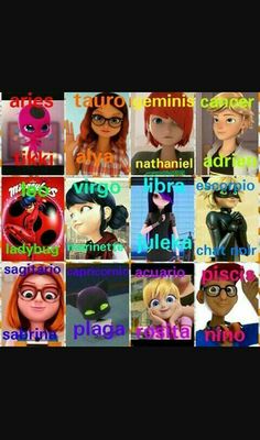 many different cartoon characters are shown in the same image, with each character's name on